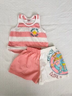 Buster Brown Vintage Pink and White Striped  Graphic Tank and Short Set